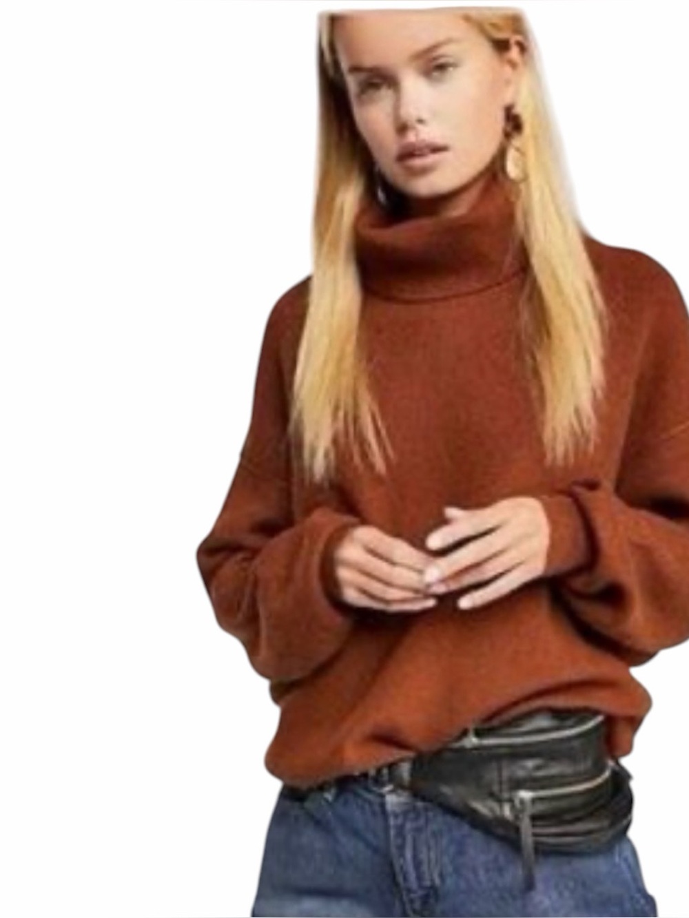 Free People Rust Orange Softly Structured Ribbed Knit Turtleneck Sweater Medium